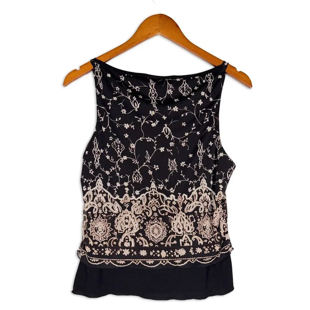 Y2K White House Black Market Cowl Neck Top Blouse Tank Black Mesh Floral - Picture 5 of 7